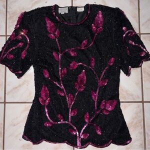 Minimalist Pink Leaf Sequins Stenay Black Scalloped Beaded Silk Top Blouse Fash